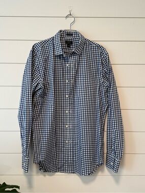J. Crew Navy and White Gingham Dress Shirt Flex Wrinkle Free Thompson L